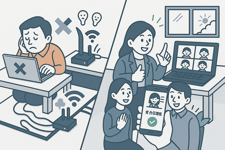 在宅勤務の男性で設定をしてもらいWifiがつながった時のイメージ